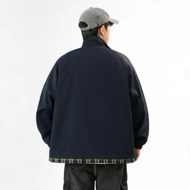 八哥 美式高街基础款经典复古纯色格纹拼接撞色宽松时尚潮流舒适设计感百搭通勤日常简约工装飞行员翻领长袖夹克外套 男女同款