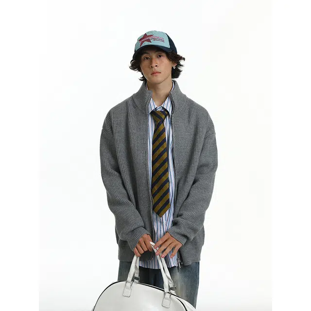 八哥 美式复古高街秋季经典纯色舒适休闲百搭宽松设计感基础款亲肤柔软拉链软糯慵懒立领开衫针织衫 男女同款