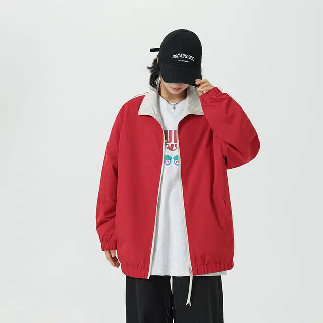 八哥 美式高街基础款双面穿经典复古纯色条纹拼接撞色宽松潮流时尚舒适设计感百搭通勤日常简约工装飞行员翻领长袖外套夹克 男女同款