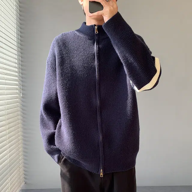 八哥 美式复古高街秋季经典纯色三条杠拼接撞色舒适休闲百搭宽松设计感基础款亲肤柔软拉链软糯慵懒立领开衫针织衫 男女同款