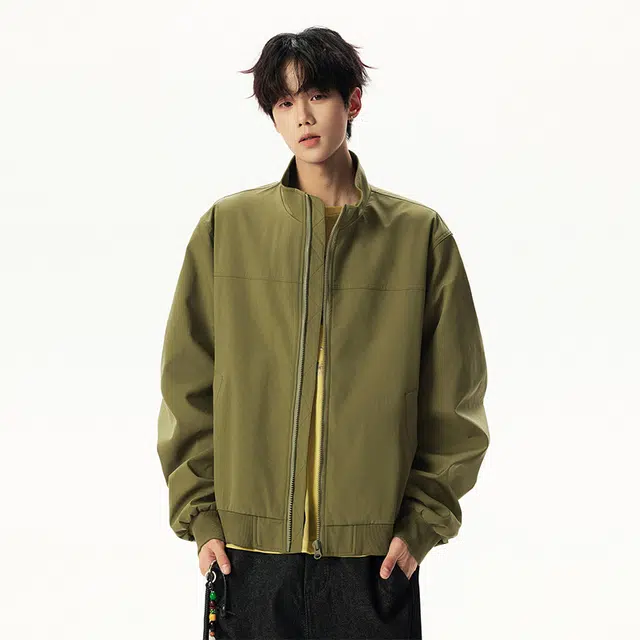 八哥 美式高街基础款经典复古纯色时尚潮流舒适设计感宽松百搭日常通勤简约工装飞行员立领拉链长袖外套夹克 男女同款