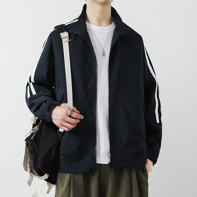 八哥 美式高街基础款经典双杠复古纯色条纹拼接撞色宽松潮流时尚舒适设计感百搭通勤日常简约工装飞行员翻领长袖外套夹克 男女同款