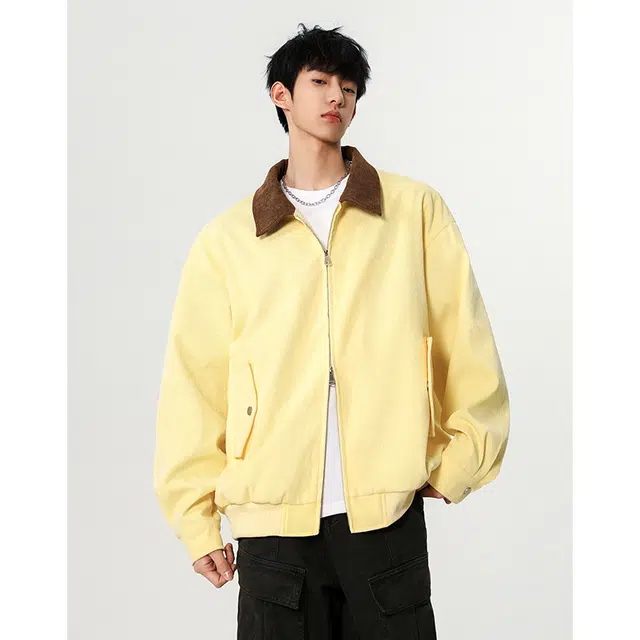 八哥 美式高街基础款经典复古纯色拼色撞色时尚潮流舒适设计感宽松百搭日常通勤简约工装飞行员翻领拉链长袖外套夹克 男女同款