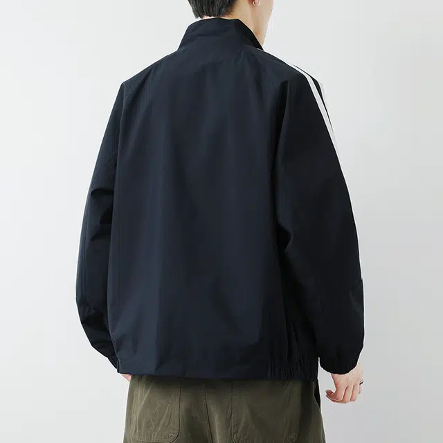 八哥 美式高街基础款经典双杠复古纯色条纹拼接撞色宽松潮流时尚舒适设计感百搭通勤日常简约工装飞行员翻领长袖外套夹克 男女同款