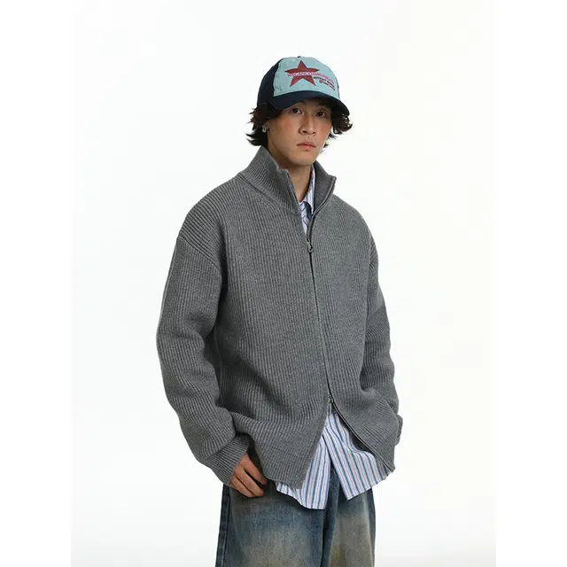 八哥 美式复古高街秋季经典纯色舒适休闲百搭宽松设计感基础款亲肤柔软拉链软糯慵懒立领开衫针织衫 男女同款