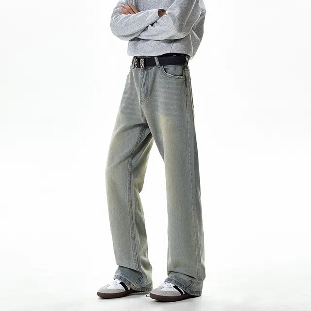 八哥 美式复古高街直筒废土风基础款水洗做旧设计感潮流时尚显瘦显高弯刀裤日常通勤百搭垂感舒适柔软长裤牛仔裤 男女同款