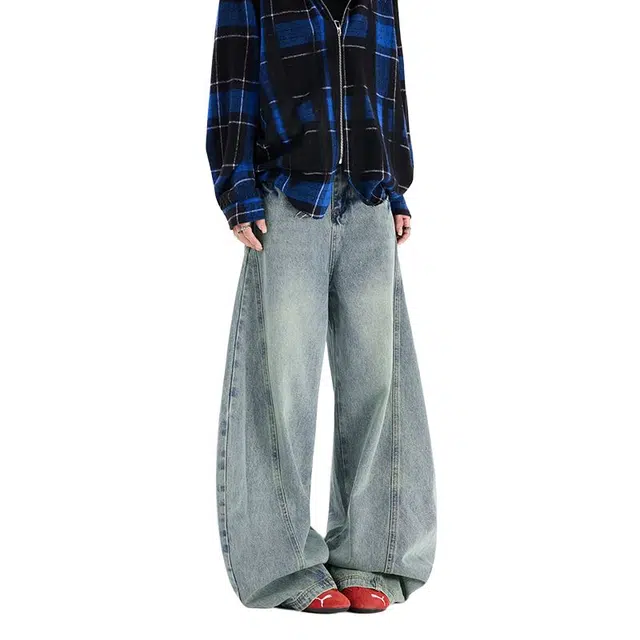 八哥 美式复古高街基础款拼接破洞水洗做旧设计感潮流时尚显瘦显高弯刀裤日常通勤百搭垂感舒适柔软长裤牛仔裤 男女同款