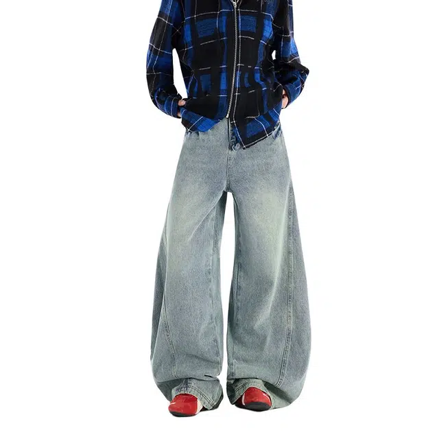 八哥 美式复古高街基础款拼接破洞水洗做旧设计感潮流时尚显瘦显高弯刀裤日常通勤百搭垂感舒适柔软长裤牛仔裤 男女同款