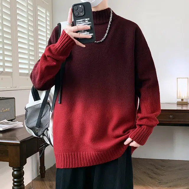 八哥 美式复古高街渐变经典舒适休闲百搭宽松设计感基础款亲肤柔软圆领套头慵懒针织衫 男女同款