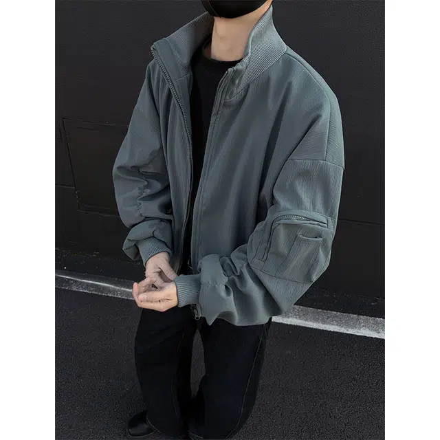 八哥 美式高街基础款经典复古纯色时尚潮流舒适设计感宽松百搭日常通勤简约工装飞行员翻领拉链长袖外套夹克 男女同款