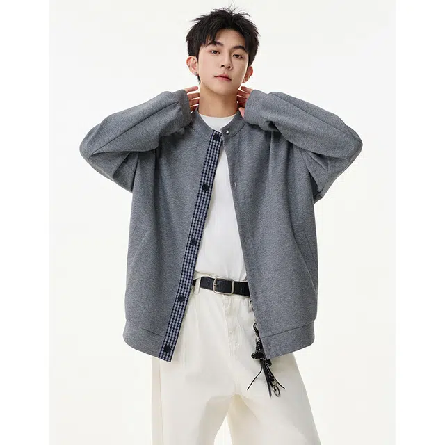 八哥 美式复古圆领单排扣设计无性别主义宽松休闲慵懒感时尚百搭简约基础款潮流纯色高级感户外运动日常通勤风夹克针织衫 男女同款