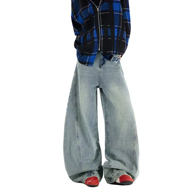 八哥 美式复古高街基础款拼接破洞水洗做旧设计感潮流时尚显瘦显高弯刀裤日常通勤百搭垂感舒适柔软长裤牛仔裤 男女同款