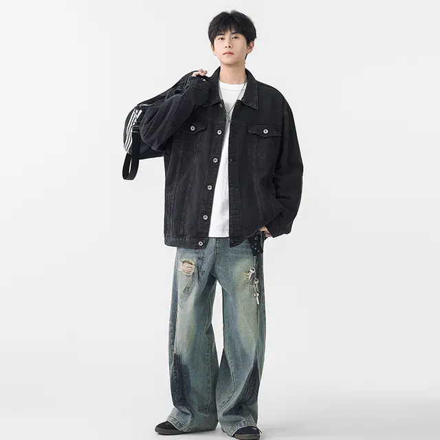 八哥 美式复古高街纯色水洗做旧宽松潮流时尚舒适设计感百搭通勤日常套头简约翻领长袖牛仔外套 男女同款