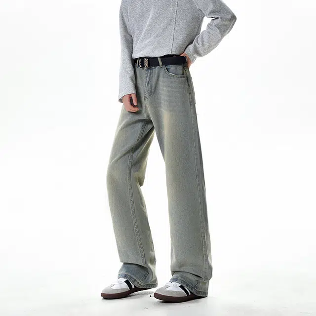 八哥 美式复古高街直筒废土风基础款水洗做旧设计感潮流时尚显瘦显高弯刀裤日常通勤百搭垂感舒适柔软长裤牛仔裤 男女同款