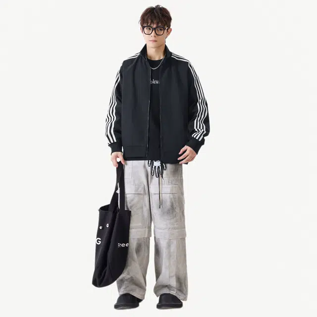 八哥 美式高街基础款经典条纹拼接撞色宽松潮流时尚复古舒适设计感百搭通勤简约工装飞行员长袖立领夹克外套 男女同款