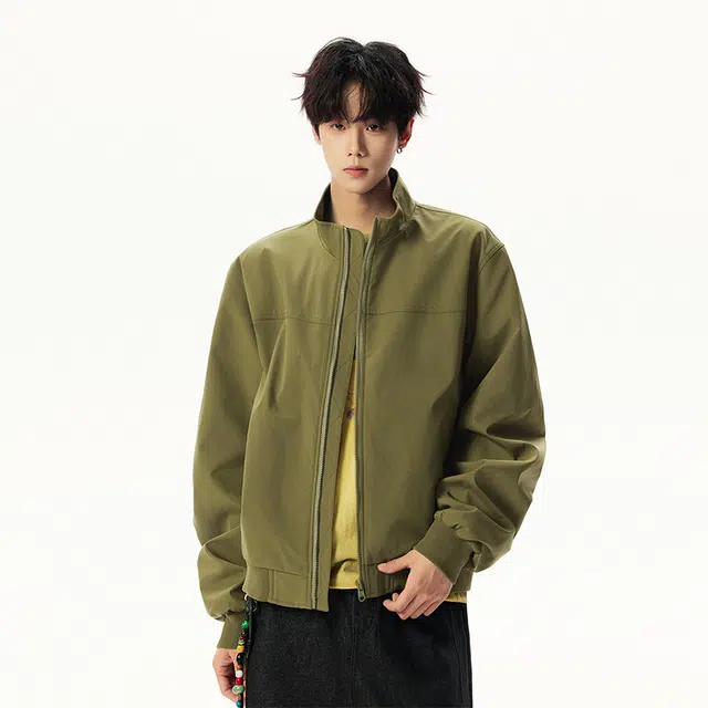 八哥 美式高街基础款经典复古纯色时尚潮流舒适设计感宽松百搭日常通勤简约工装飞行员立领拉链长袖外套夹克 男女同款