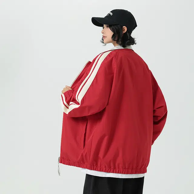 八哥 美式高街基础款双面穿经典复古纯色条纹拼接撞色宽松潮流时尚舒适设计感百搭通勤日常简约工装飞行员翻领长袖外套夹克 男女同款