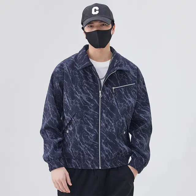 八哥 美式高街基础款经典复古纯色扎染时尚潮流舒适设计感宽松百搭日常通勤简约工装飞行员翻领拉链长袖外套夹克 男女同款