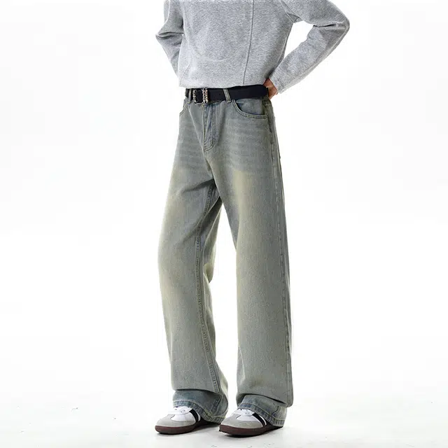 八哥 美式复古高街直筒废土风基础款水洗做旧设计感潮流时尚显瘦显高弯刀裤日常通勤百搭垂感舒适柔软长裤牛仔裤 男女同款