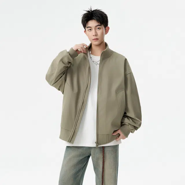 八哥 美式高街基础款经典复古纯色时尚潮流舒适设计感宽松百搭通勤日常简约工装飞行员翻领长袖外套夹克 男女同款