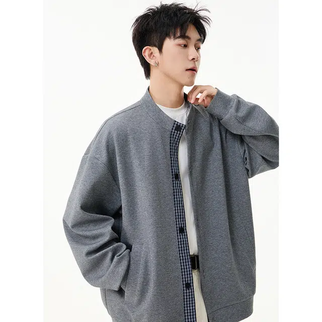 八哥 美式复古圆领单排扣设计无性别主义宽松休闲慵懒感时尚百搭简约基础款潮流纯色高级感户外运动日常通勤风夹克针织衫 男女同款