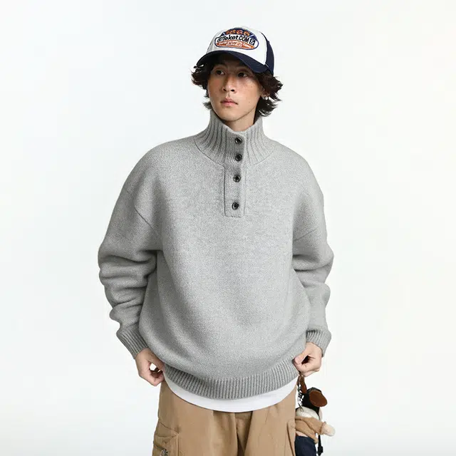 八哥 美式复古高街秋季经典纯色舒适休闲百搭宽松设计感基础款亲肤软糯柔软高领纽扣慵懒针织衫 男女同款