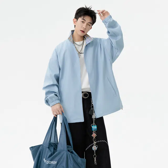 八哥 美式高街基础款经典复古纯色格纹撞色时尚潮流舒适设计感宽松百搭日常通勤简约工装飞行员拉链翻领长袖外套夹克 男女同款