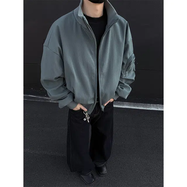 八哥 美式高街基础款经典复古纯色时尚潮流舒适设计感宽松百搭日常通勤简约工装飞行员翻领拉链长袖外套夹克 男女同款