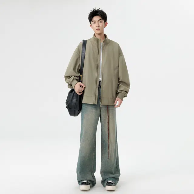 八哥 美式高街基础款经典复古纯色时尚潮流舒适设计感宽松百搭通勤日常简约工装飞行员翻领长袖外套夹克 男女同款