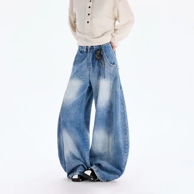 八哥 美式复古高街基础款水洗做旧设计感潮流时尚显瘦显高弯刀裤日常通勤百搭垂感舒适柔软长裤牛仔裤 男女同款