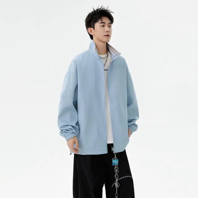 八哥 美式高街基础款经典复古纯色格纹撞色时尚潮流舒适设计感宽松百搭日常通勤简约工装飞行员拉链翻领长袖外套夹克 男女同款