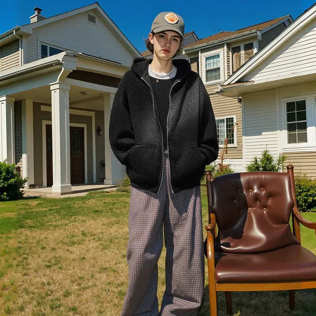 八哥 美式高街基础款经典纯色拼色撞色复古宽松潮流时尚舒适设计感百搭通勤套头简约工装飞行员连帽长袖外套夹克 男女同款