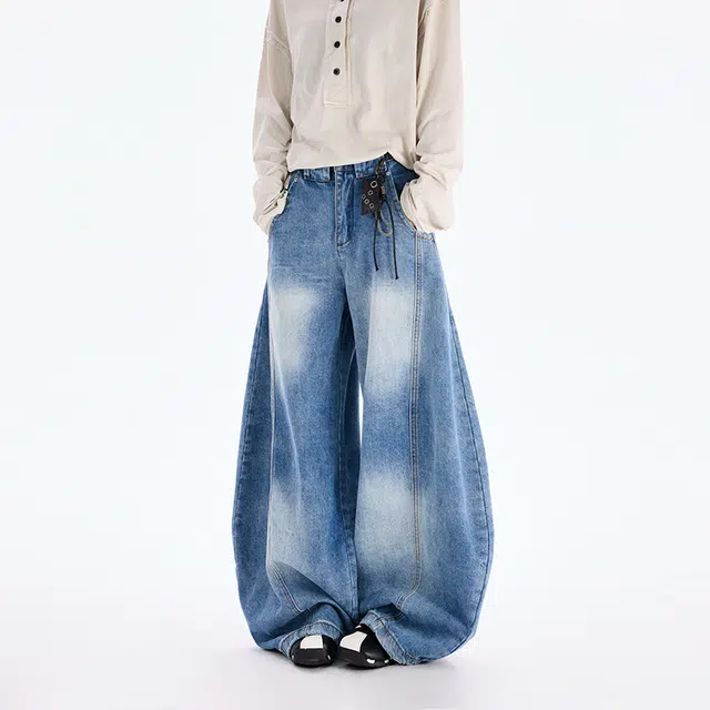 八哥 美式复古高街基础款水洗做旧设计感潮流时尚显瘦显高弯刀裤日常通勤百搭垂感舒适柔软长裤牛仔裤 男女同款