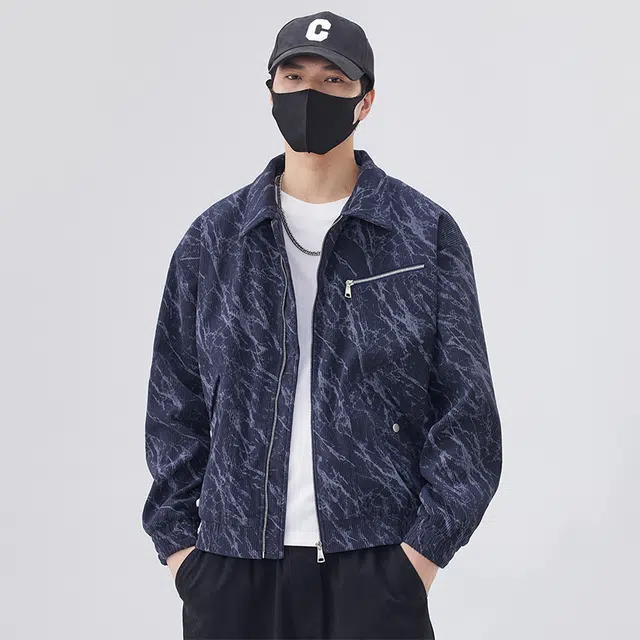 八哥 美式高街基础款经典复古纯色扎染时尚潮流舒适设计感宽松百搭日常通勤简约工装飞行员翻领拉链长袖外套夹克 男女同款