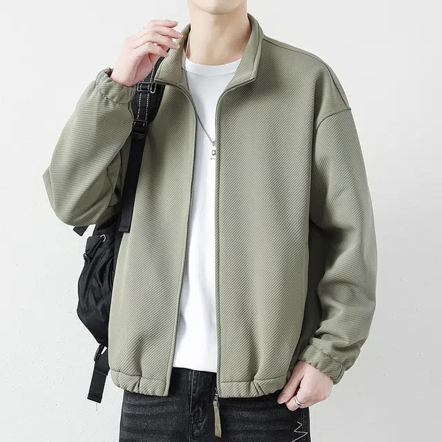 八哥 美式高街基础款经典复古纯色时尚潮流舒适设计感宽松日常通勤百搭简约工装飞行员翻领拉链长袖外套夹克 男女同款