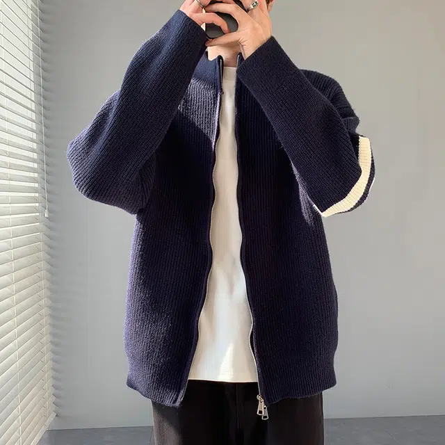 八哥 美式复古高街秋季经典纯色三条杠拼接撞色舒适休闲百搭宽松设计感基础款亲肤柔软拉链软糯慵懒立领开衫针织衫 男女同款