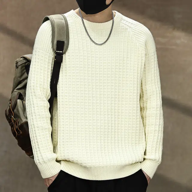 古先森 秋冬款 美式休闲华夫格圆领加厚毛衣 保暖内搭打底 男款