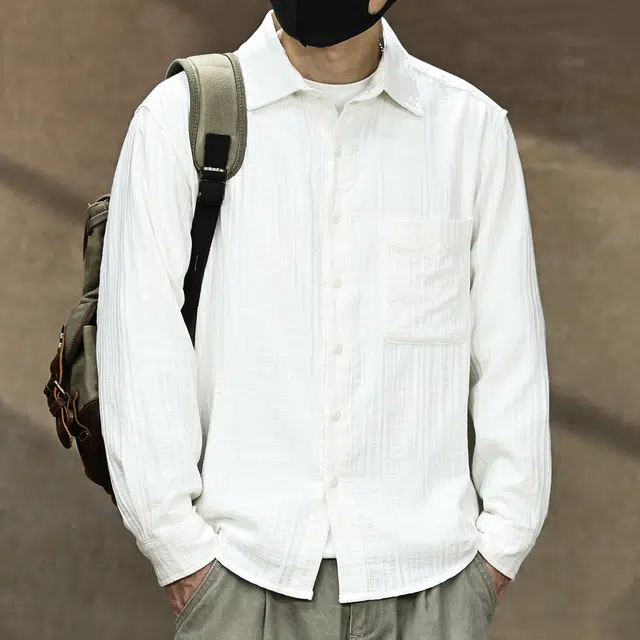 古先森 春秋款 老钱风高端肌理感织纹提花衬衣纯棉长袖衬衫 宽松简约百搭轻熟风商务休闲 男款