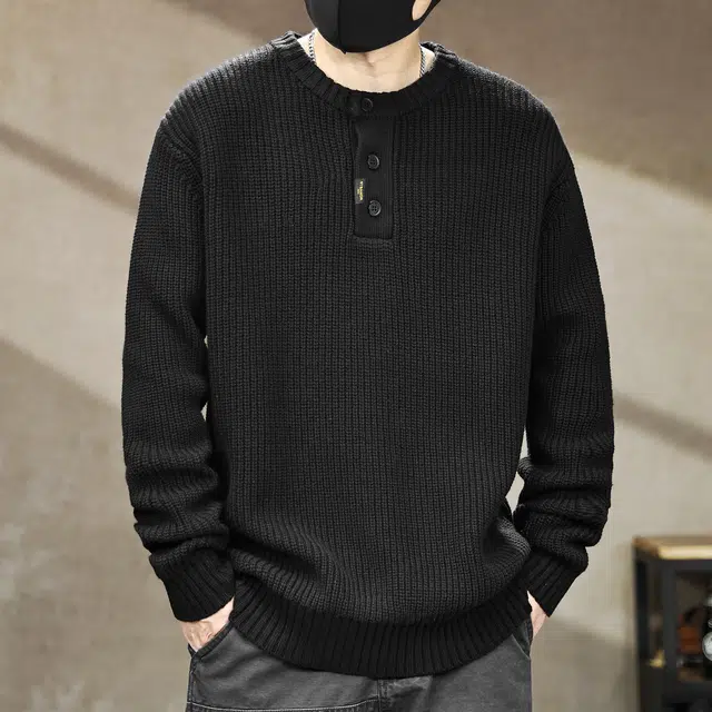 古先森 秋冬款 复古美式慵懒风竖纹套头亨利领针织毛衣 宽松大码加厚保暖百搭打底衫  男款
