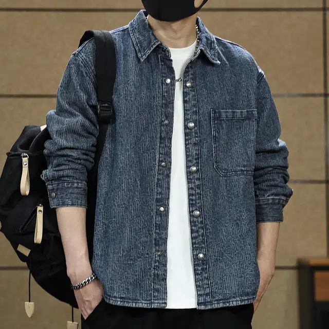 古先森 竖条肌理感做旧水洗长袖牛仔衬衫 男款
