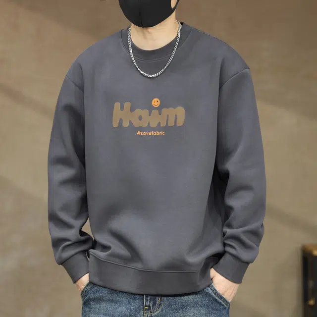 古先森 秋冬款 美式高街纯色百搭基础款印花卫衣 宽松休闲圆领加绒加厚打底衫 男款 质感出街神器