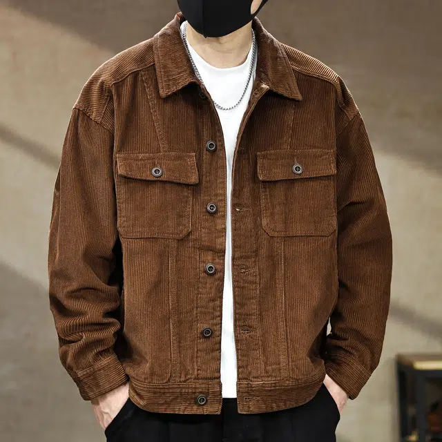 古先森 秋冬款 美式复古阿美咔叽工装灯芯绒纯棉夹克 宽松潮牌痞帅休闲外套 男款 咖啡色