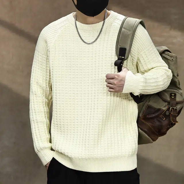 古先森 秋冬款 美式休闲华夫格圆领加厚毛衣 保暖内搭打底 男款