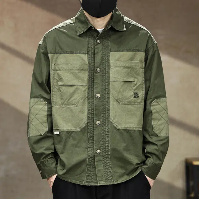 古先森 春秋季 美式复古硬汉猎装工装长袖衬衫 休闲宽松翻领纯棉衬衣 男款