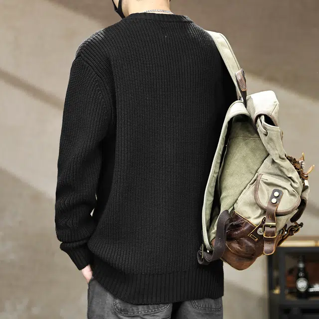 古先森 秋冬款 复古美式慵懒风竖纹套头亨利领针织毛衣 宽松大码加厚保暖百搭打底衫  男款