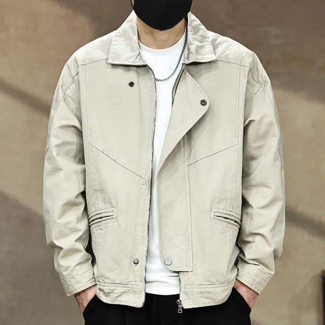 古先森 秋季 美式高端痞帅休闲机车纯棉夹克 宽松外穿松弛感翻领工装长袖外套 男款 浅卡色