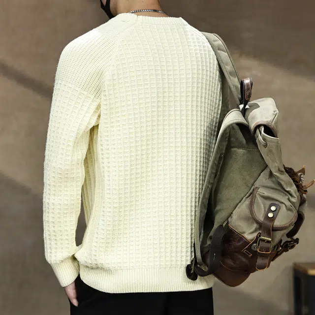 古先森 秋冬款 美式休闲华夫格圆领加厚毛衣 保暖内搭打底 男款