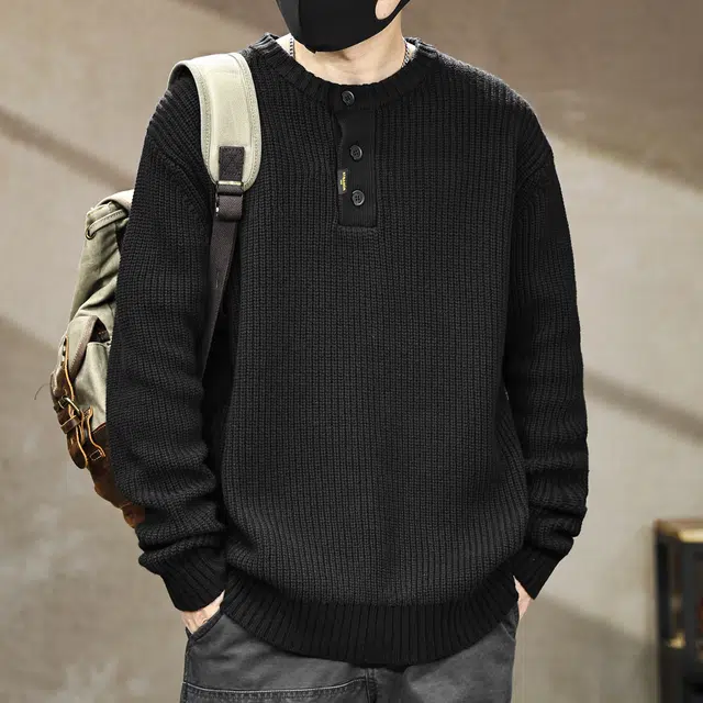 古先森 秋冬款 复古美式慵懒风竖纹套头亨利领针织毛衣 宽松大码加厚保暖百搭打底衫  男款