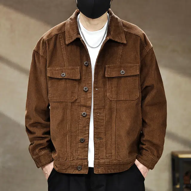 古先森 秋冬款 美式复古阿美咔叽工装灯芯绒纯棉夹克 宽松潮牌痞帅休闲外套 男款 咖啡色