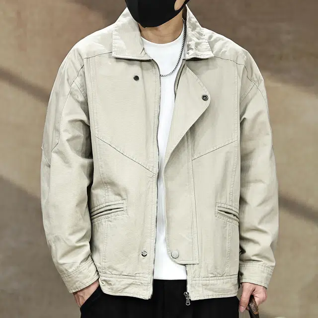古先森 秋季 美式高端痞帅休闲机车纯棉夹克 宽松外穿松弛感翻领工装长袖外套 男款 浅卡色